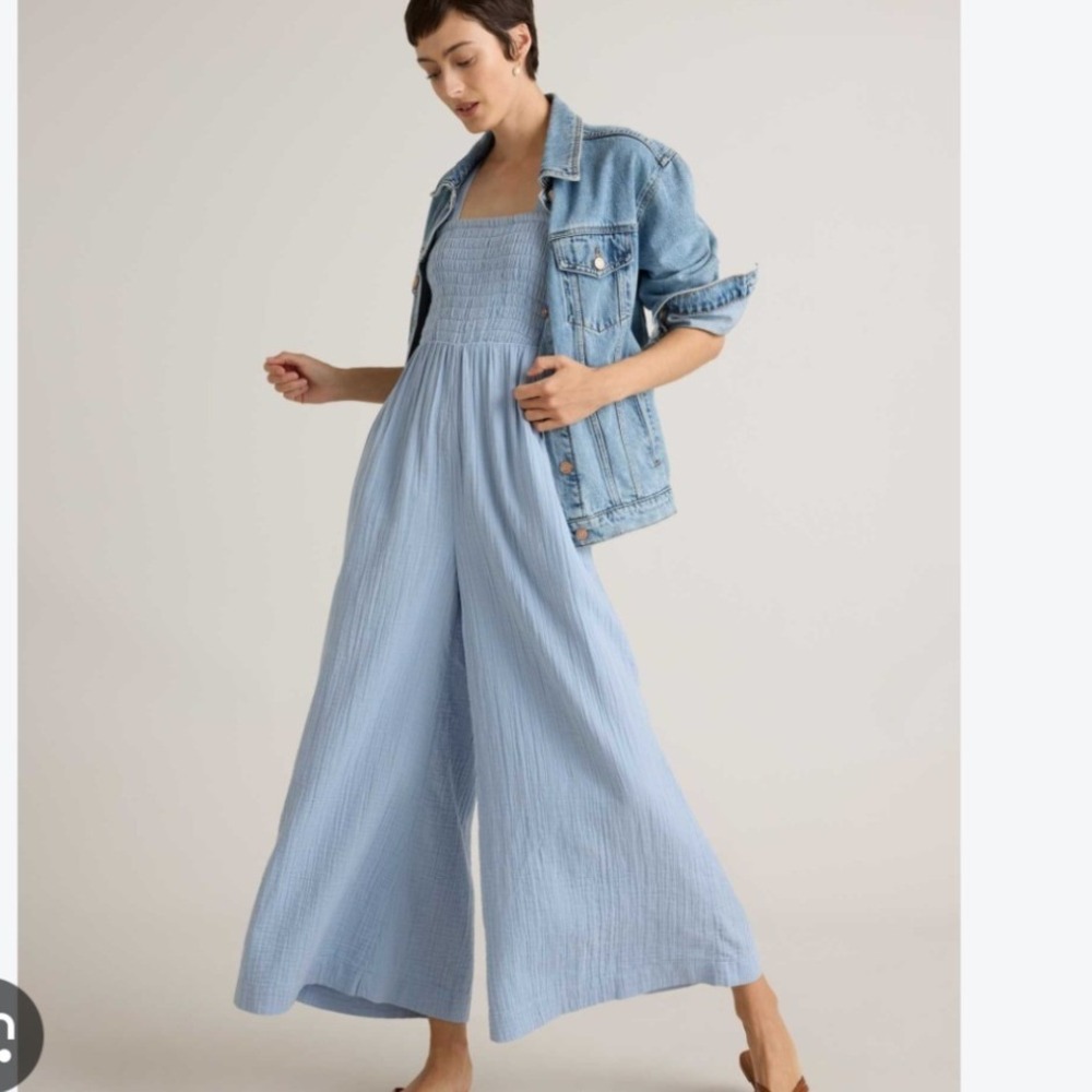 Quince Organic Cotton Gauze Smocked Wide Leg Jumpsuit Light Blue Large